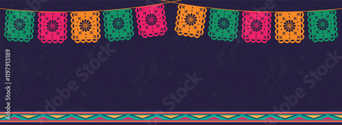 Vector template with paper flags for Cinco de Mayo holiday. Vector background with place for text.