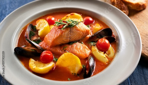 Aromatic salmon stew with mussels and lemon. photo