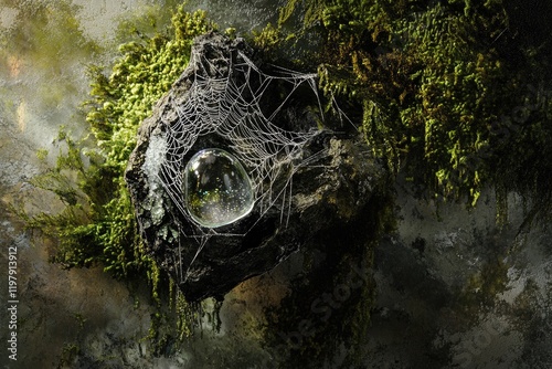 A glistening orb rests within a spiderweb nestled on a moss-covered rock, creating an enchanting mystical scene. photo