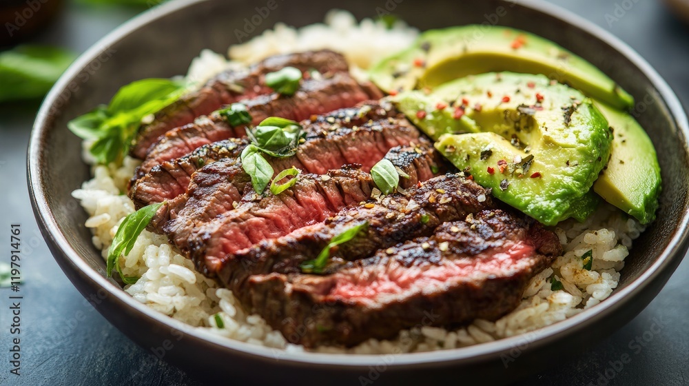 A dynamic shot of a steak rice bowl with a perfectly cooked steak, fresh avocado slices, and a sprinkle of chili flakes, capturing the vibrant colors and appetizing appeal A dynamic shot of a steak rice bowl with a perfectly cooked steak, fresh avocado slices, and a sprinkle of chili flakes, capturing the vibrant colors and appetizing appeal