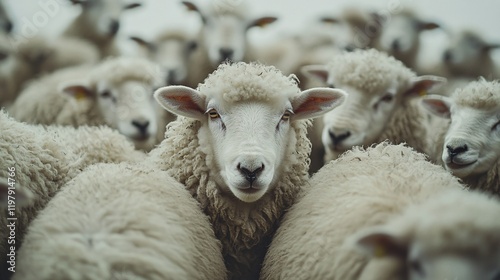 Close-Up of a Flock of White Sheep photo