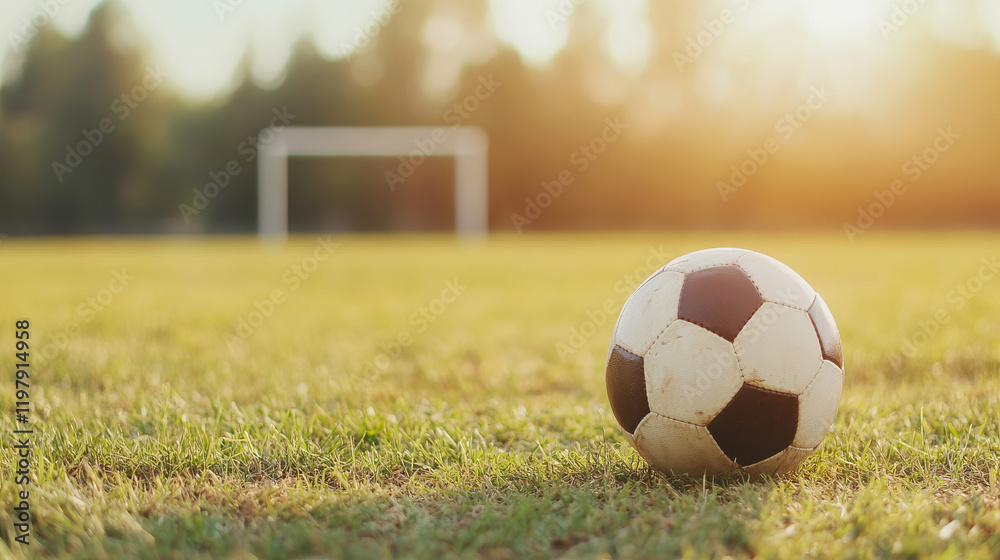 Obraz premium Classic leather soccer ball lying on a freshly cut playing field with goalposts in the background, bathed in warm sunset light