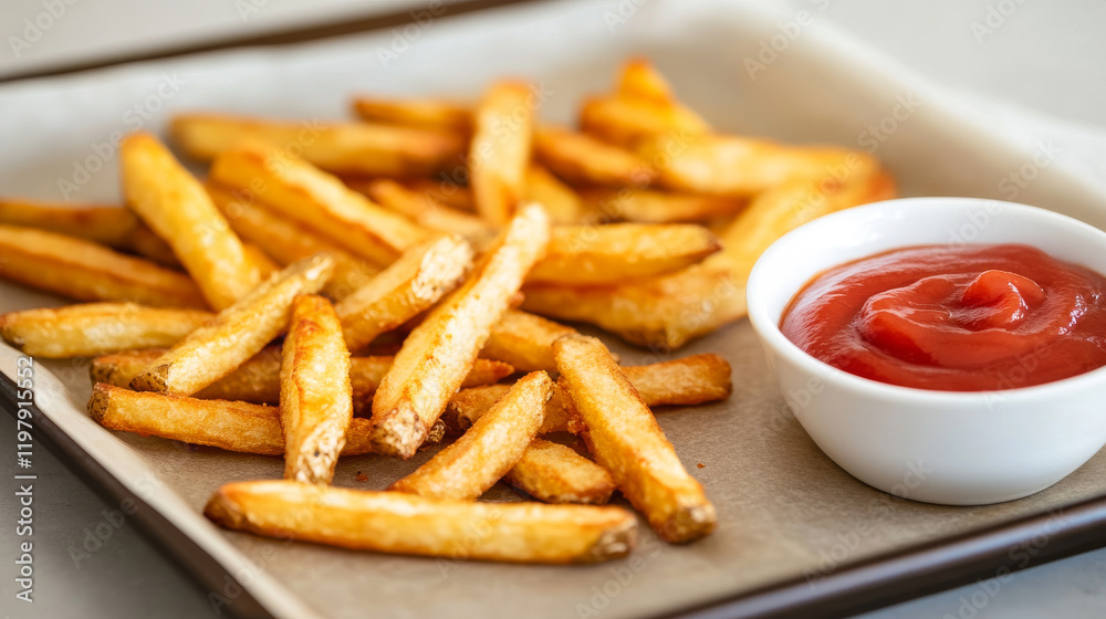 Golden french fries spreading across parchment-lined baking sheet, resting near crimson ketchup, representing classic comfort food indulgence Golden french fries spreading across parchment-lined baking sheet, resting near crimson ketchup, representing classic comfort food indulgence
