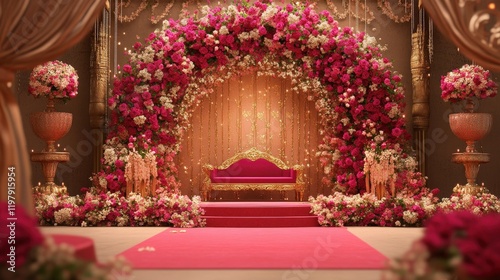 An elaborate Indian wedding stage showcasing stunning floral decorations.