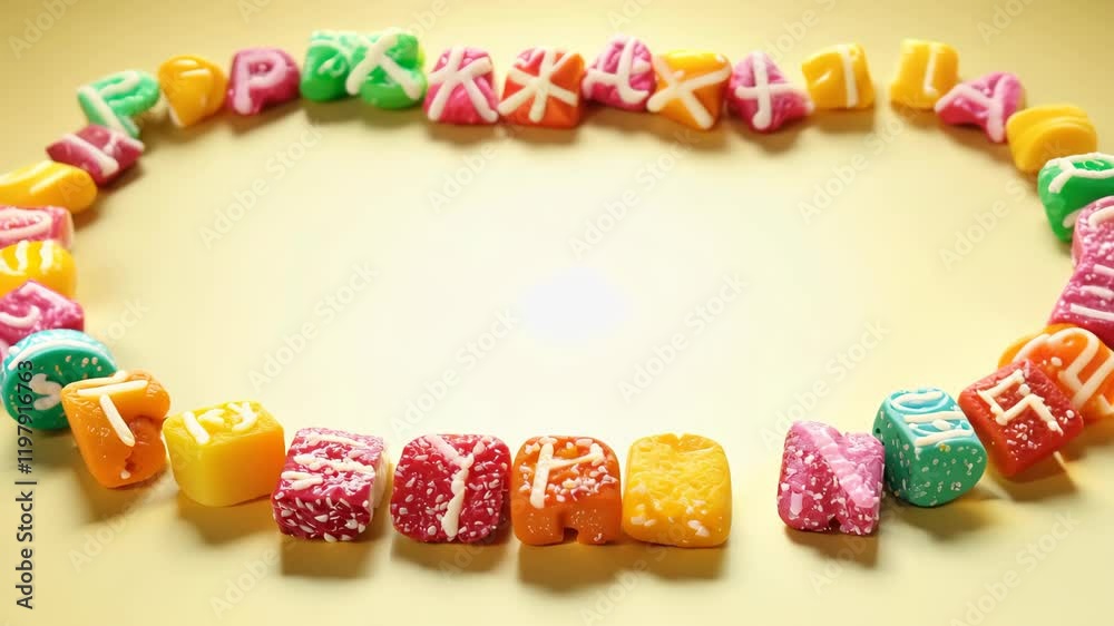 A colorful candy necklace with letters spelling out the word 