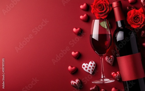 A romantic scene showcases a bottle of wine and a glass, surrounded by floating hearts, inviting love and celebration this Valentine's Day.