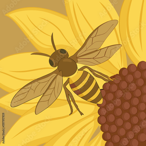 "Illustration of a honeybee collecting nectar on a sunflower, showcasing nature's beauty