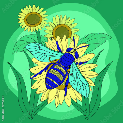 "Illustration of a honeybee collecting nectar on a sunflower, showcasing nature's beauty