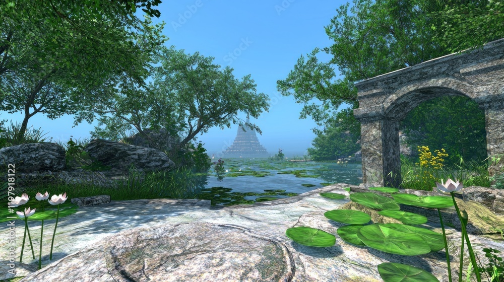 Serene lake, ancient ruins, mountain vista, summer day, game asset Serene lake, ancient ruins, mountain vista, summer day, game asset
