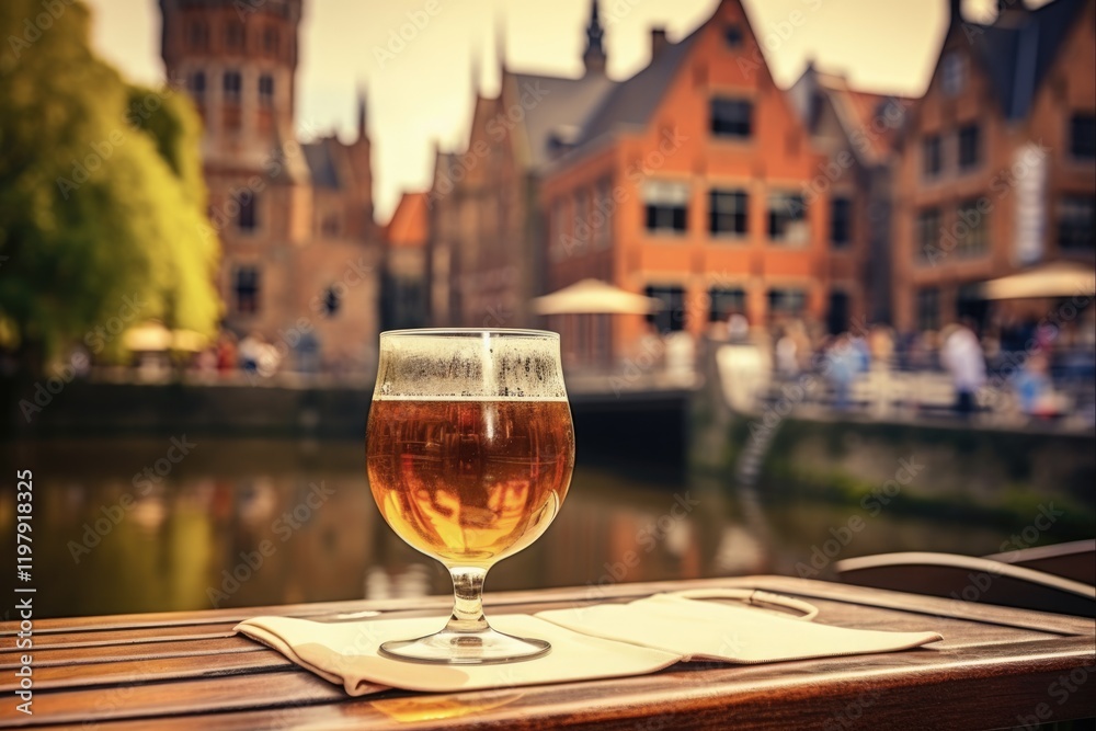 Fototapeta premium Belgian Beer Tasting on Open Terrace overlooking Medieval Houses & Canals in Bruges, Belgium. Ales, Amber Beer Glass & Architecture in Background