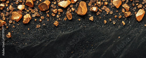 Gold nuggets and crystals lying on black sand forming a natural border photo