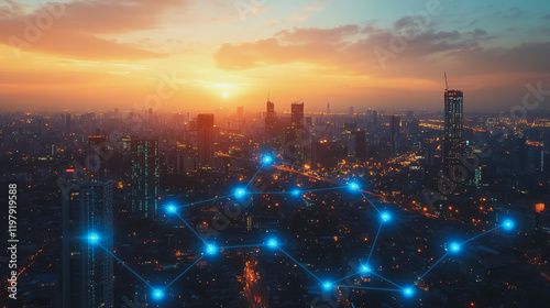 Abstract business man stands on the peak of success amid tall, innovative Smart city and graphs with statistics to analyze business potential and predict future developments in company growth.