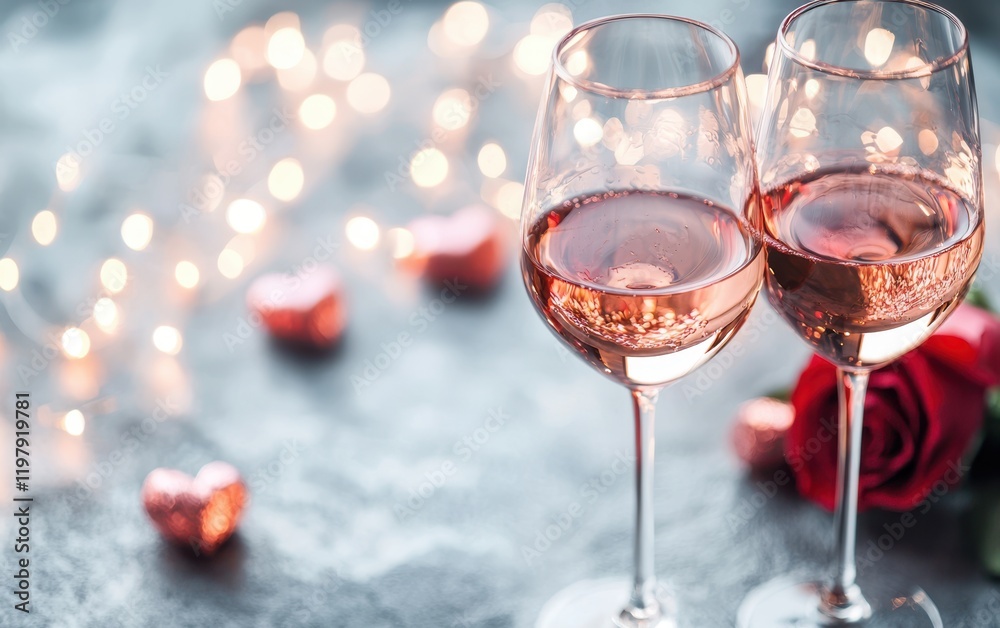 Two elegant wine glasses clink together, surrounded by vibrant roses, evoking romance and passion on a perfect Valentine's evening. Two elegant wine glasses clink together, surrounded by vibrant roses, evoking romance and passion on a perfect Valentine's evening.