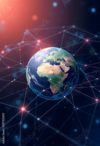 Global International Connectivity Background. Connection lines Around Earth Globe, Blockchain network concept. Futuristic Technology Theme Background with Light Effect, dinamic scene, with white tones
