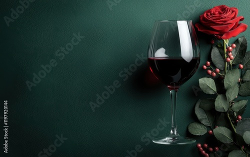 A romantic scene unfolds with a glass of red wine and a vibrant rose, set against a lush green backdrop, perfect for celebrating love.