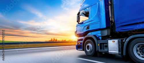 Blue truck driving fast on highway at sunset
