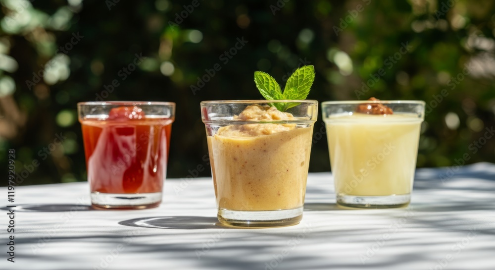Three glasses of different colored drinks on a table Three glasses of different colored drinks on a table