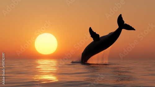 Majestic whale breaches under a glowing sunset, casting a silhouette against the vibrant hues of the sky and reflecting on tranquil waters below. photo