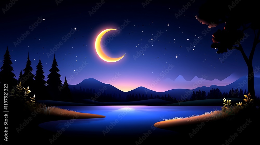 Fototapeta premium Serene Night Landscape with Crescent Moon and Starry Sky