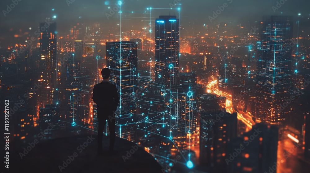 Abstract business man stands on the peak of success amid tall, innovative Smart city and graphs with statistics to analyze business potential and predict future developments in company growth. Abstract business man stands on the peak of success amid tall, innovative Smart city and graphs with statistics to analyze business potential and predict future developments in company growth.