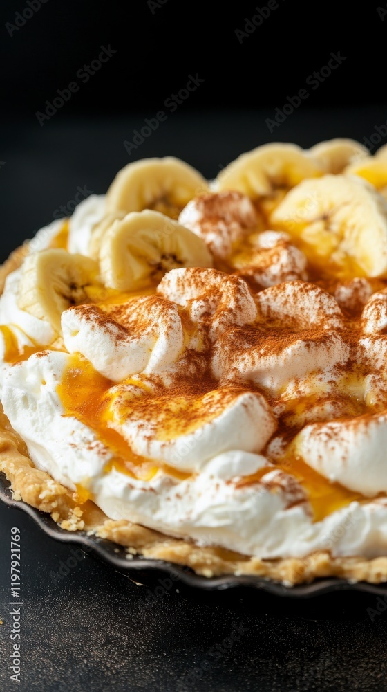 A Delectable Banana Cream Pie with a Whipped Cream Topping and Cinnamon Sprinkle. A Perfect Dessert for Any Occasion. A Delectable Banana Cream Pie with a Whipped Cream Topping and Cinnamon Sprinkle. A Perfect Dessert for Any Occasion.