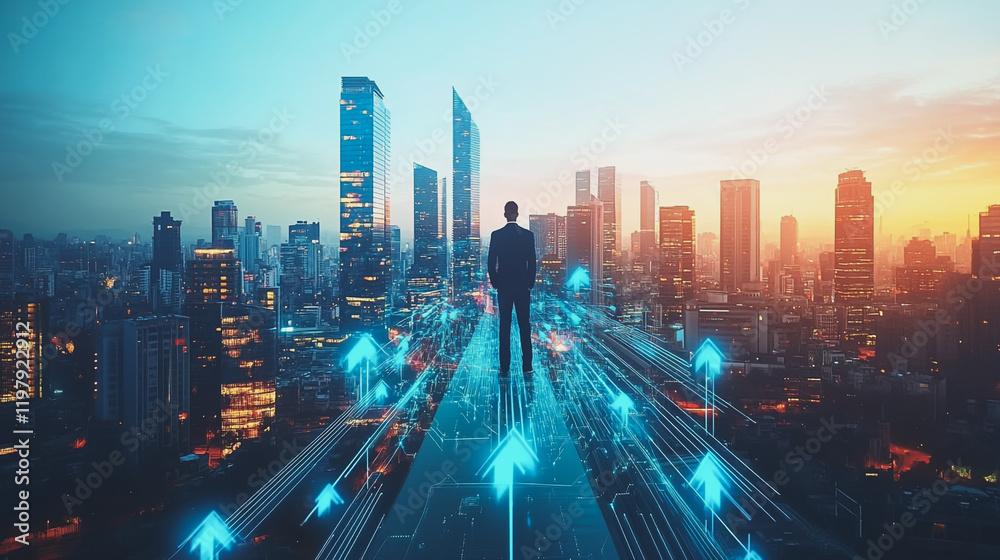 Abstract business man stands on the peak of success amid tall, innovative Smart city and graphs with statistics to analyze business potential and predict future developments in company growth. Abstract business man stands on the peak of success amid tall, innovative Smart city and graphs with statistics to analyze business potential and predict future developments in company growth.