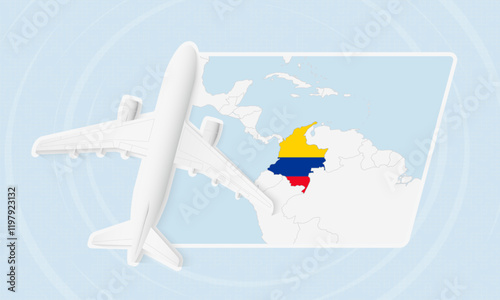 Colombia Travel Illustration with Plane and National Flag. Airplane Flying Over Colombia Map.