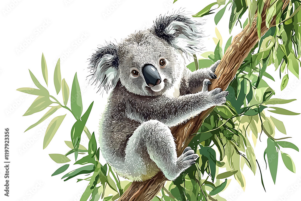 Obraz premium Adorable koala perched on a eucalyptus branch, amidst lush green foliage.