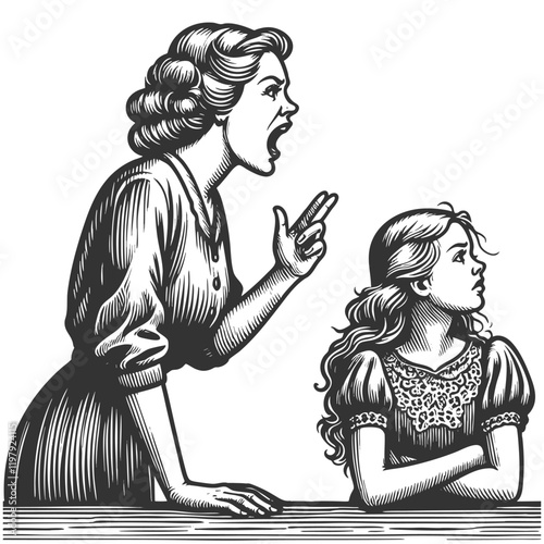 angry mother scolding her sad daughter, capturing emotion and tension in a vintage style sketch engraving generative ai vector illustration. Scratch board imitation. Black and white image.
