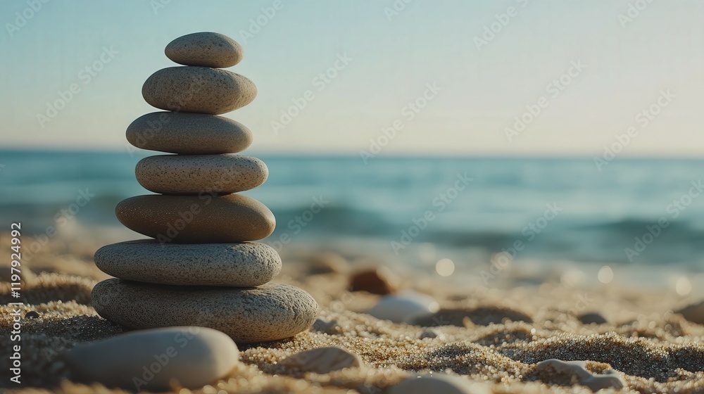 Fototapeta premium Stacked stones on sandy beach with ocean waves in the background