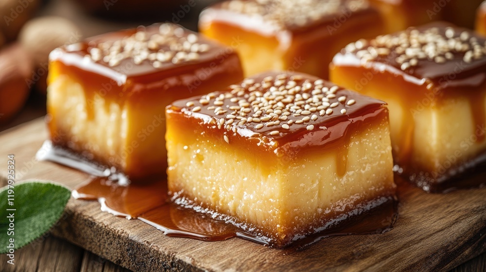 A tempting image of sweet egg pudding cut into squares, drizzled with caramel sauce and sprinkled with sesame seeds, served on a rustic wooden board for a cozy appeal A tempting image of sweet egg pudding cut into squares, drizzled with caramel sauce and sprinkled with sesame seeds, served on a rustic wooden board for a cozy appeal