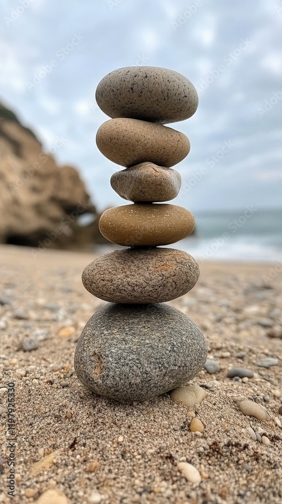 Stacked stones create a balanced formation on a sandy beach by the sea Stacked stones create a balanced formation on a sandy beach by the sea