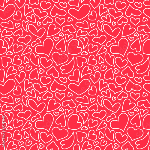 Romantic hearts seamless doodle pattern. Cute hand drawn vector background. Illustrated heart shapes symbol of Valentines Day February 14 celebration. Love pattern design