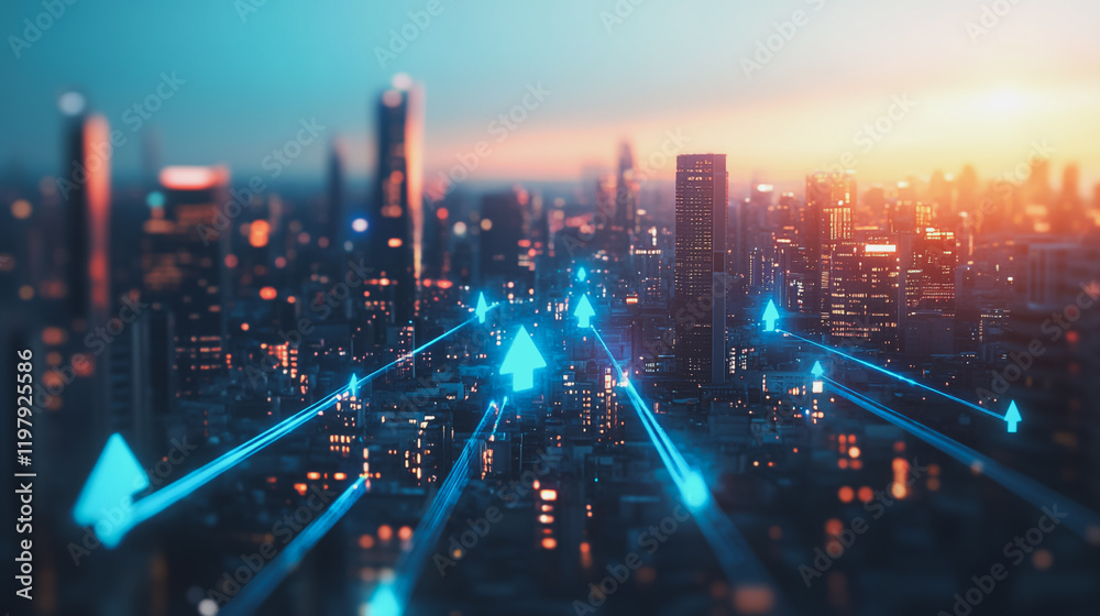 Fototapeta premium Abstract business man stands on the peak of success amid tall, innovative Smart city and graphs with statistics to analyze business potential and predict future developments in company growth.