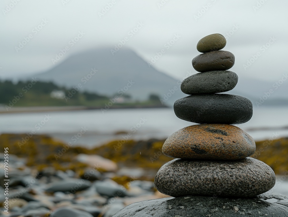 Stacked stones by the shore with a foggy mountain in the background Stacked stones by the shore with a foggy mountain in the background