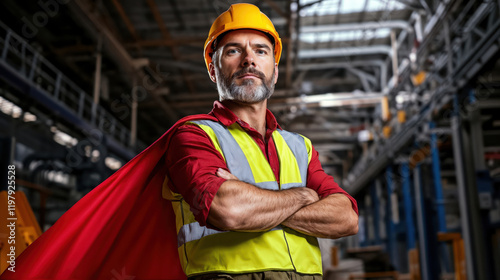 Superhero worker wearing red cape and safety vest in factory: empowering industrial confidence