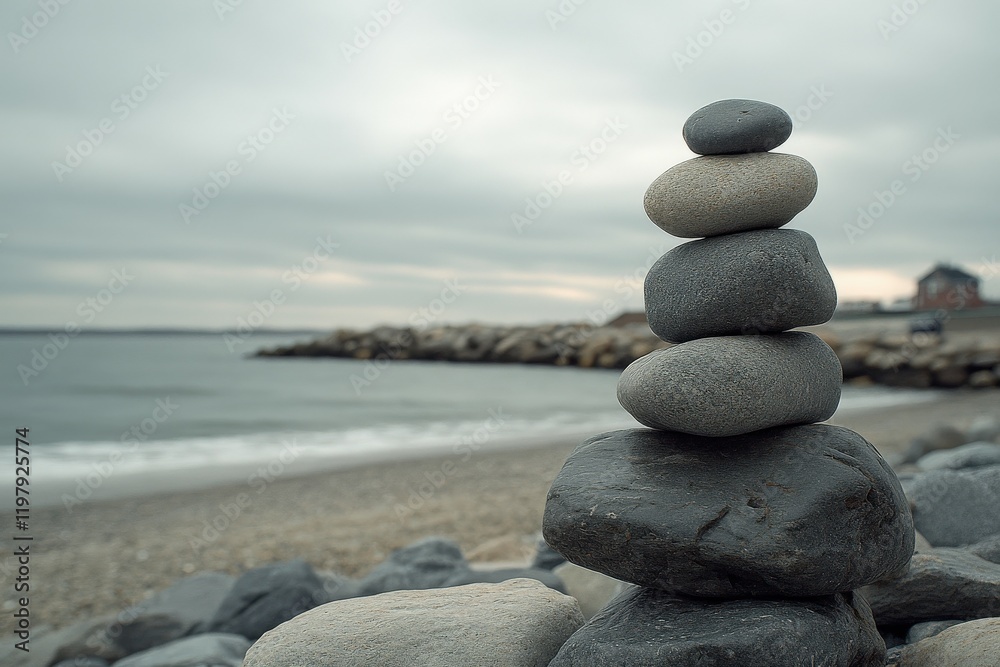 Stacked stones create harmony by the shoreline under a cloudy sky Stacked stones create harmony by the shoreline under a cloudy sky