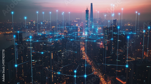 Wallpaper Mural Abstract business man stands on the peak of success amid tall, innovative Smart city and graphs with statistics to analyze business potential and predict future developments in company growth. Torontodigital.ca