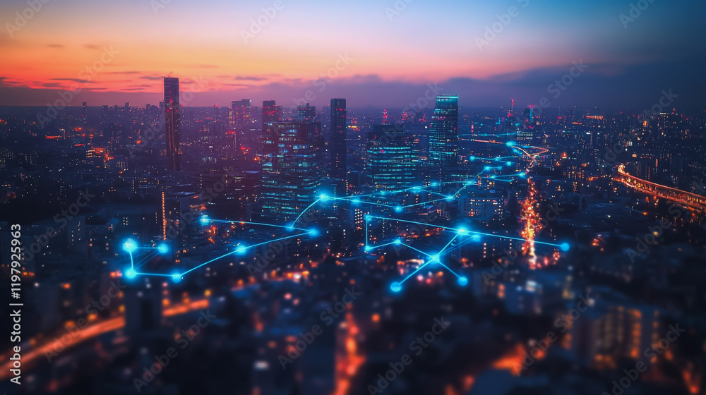 Fototapeta premium Abstract business man stands on the peak of success amid tall, innovative Smart city and graphs with statistics to analyze business potential and predict future developments in company growth.