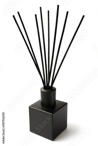 Elegant Black Reed Diffuser with Thin Sticks and Minimalist Square Bottle Design, Isolated on White Background, Perfect for Aromatherapy, Home Fragrance, Interior Design and Relaxation-Themed Projects
