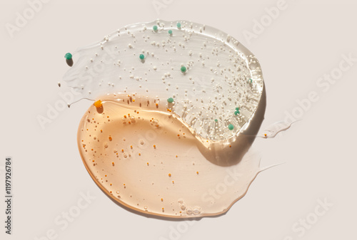 Cosmetic texture sample swatch of scrub or peeling or washing cleansing gel different set palette on beige isolated background