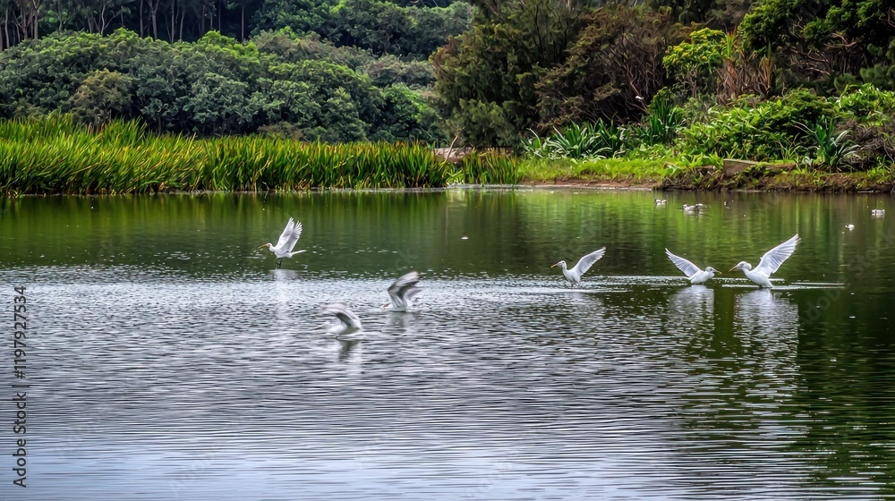 Birds flying over lake, green hills background, nature scene Birds flying over lake, green hills background, nature scene