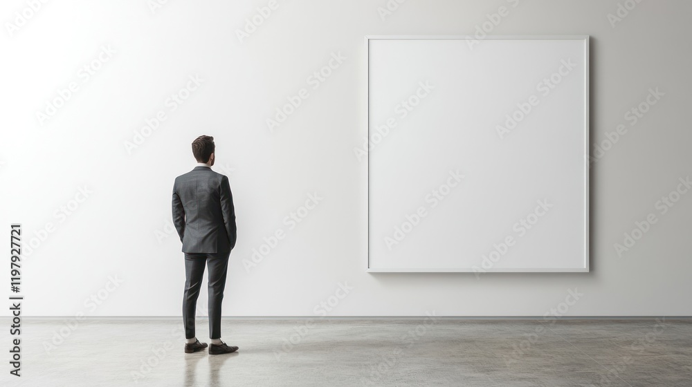 Contemplation Before Blank Canvas: A Man in Suit Gazes at a Large, Empty Artwork in a Minimalist Gallery Setting Contemplation Before Blank Canvas: A Man in Suit Gazes at a Large, Empty Artwork in a Minimalist Gallery Setting