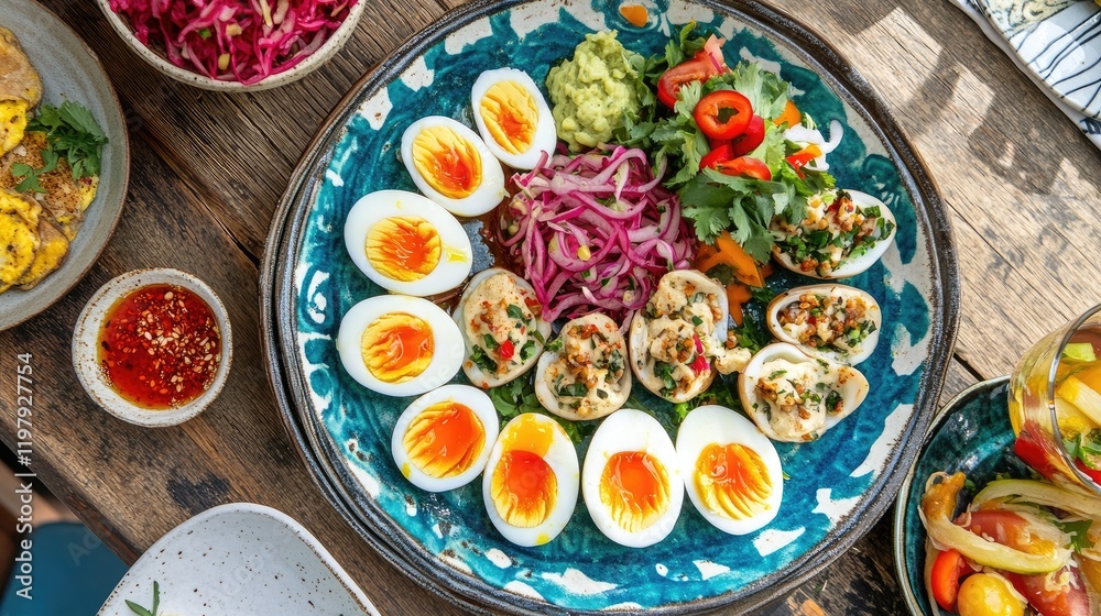 A vibrant overhead shot of a platter of soy sauce marinated eggs arranged with pickled vegetables and garnishes, showcasing the dish's appeal for sharing A vibrant overhead shot of a platter of soy sauce marinated eggs arranged with pickled vegetables and garnishes, showcasing the dish's appeal for sharing