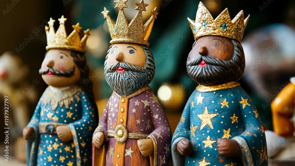Three ceramic figurines of kings with crowns on a festive table. Epiphany and Three Kings Day celebration concept. High quality 4k footage