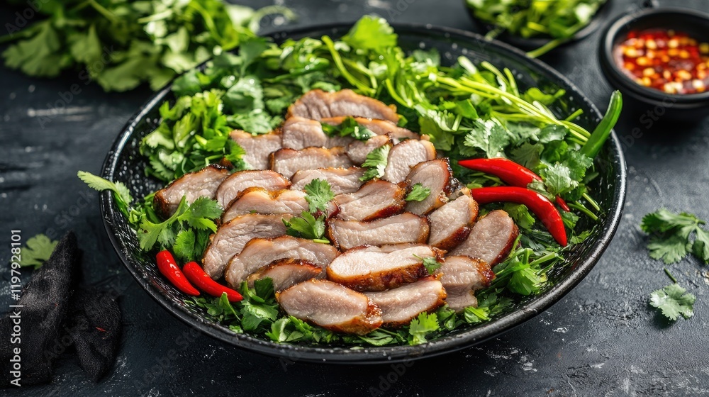 A vibrant platter of thinly sliced pork belly, seasoned and arranged artfully, with fresh herbs and chili peppers adding color and a hint of spice to the dish A vibrant platter of thinly sliced pork belly, seasoned and arranged artfully, with fresh herbs and chili peppers adding color and a hint of spice to the dish