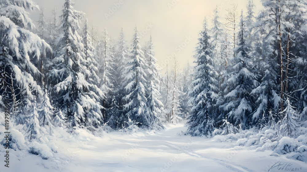 Winter landscape with snow-covered fir trees in the forest on a white background. Sunweave. Illustration Winter landscape with snow-covered fir trees in the forest on a white background. Sunweave. Illustration
