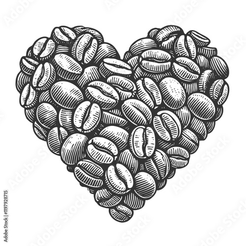 coffee beans arranged in a heart shape, symbolizing love for coffee and artisanal brewing sketch engraving generative ai vector illustration. Scratch board imitation. Black and white image.