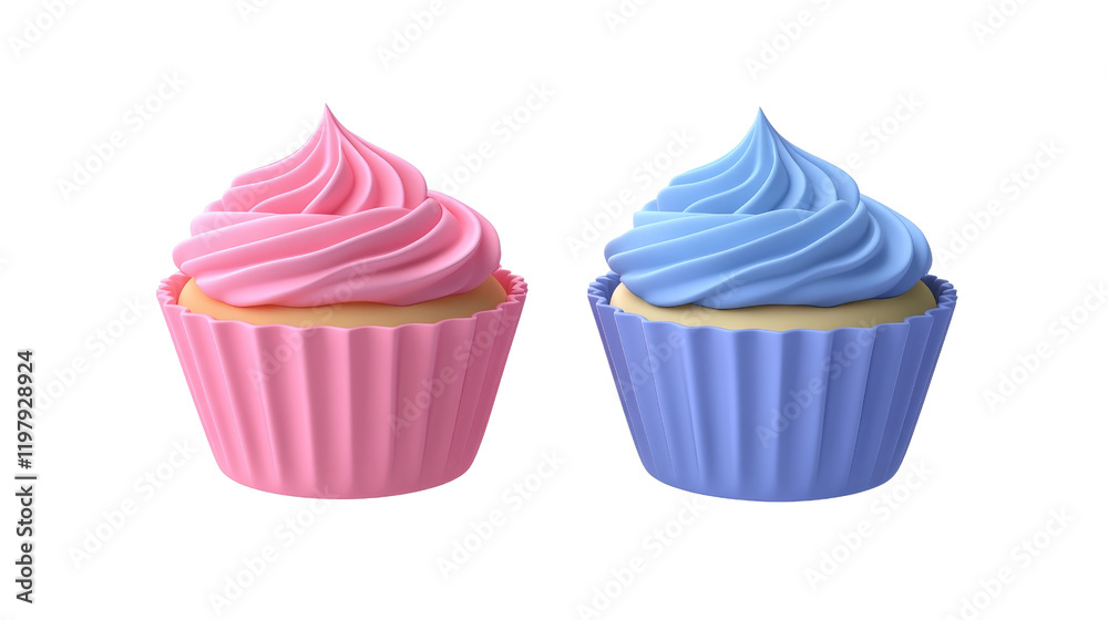 Two colorful cupcakes, one pink and one blue, topped with swirled frosting in decorative liners. Two colorful cupcakes, one pink and one blue, topped with swirled frosting in decorative liners.