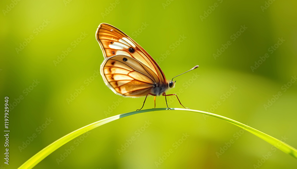 A delicate butterfly perched on a slender blade of grass against a soft green backdrop. A serene nature moment A delicate butterfly perched on a slender blade of grass against a soft green backdrop. A serene nature moment